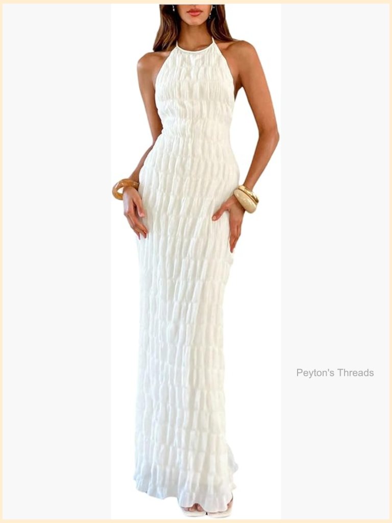 Backless Halter Maxi Dress Ruched Sleeveless Tiered Ruffle Wedding Guest